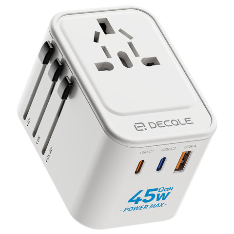 Decqle universal travel adapter front view with four plug types for worldwide use