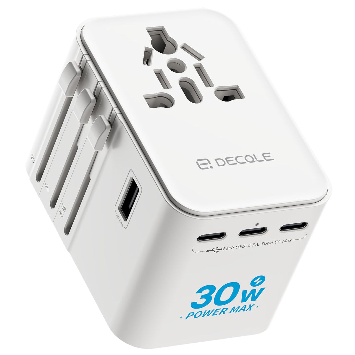decqle universal travel adapter with extended pins for quick setup anywhere.