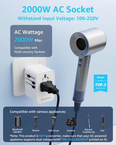 Decqle pins extended image highlighting interchangeable plugs ready for travel