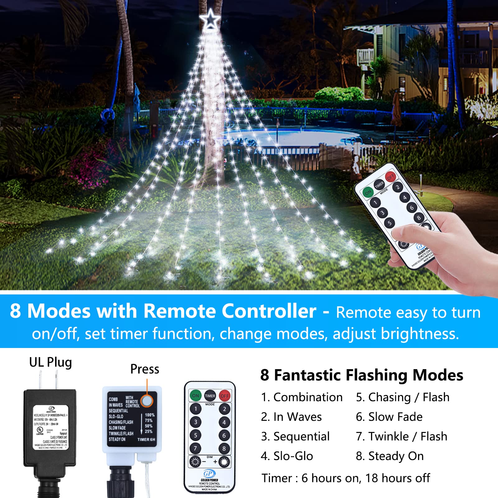 Decute nine-strand star lights drape beautifully over trees and patios