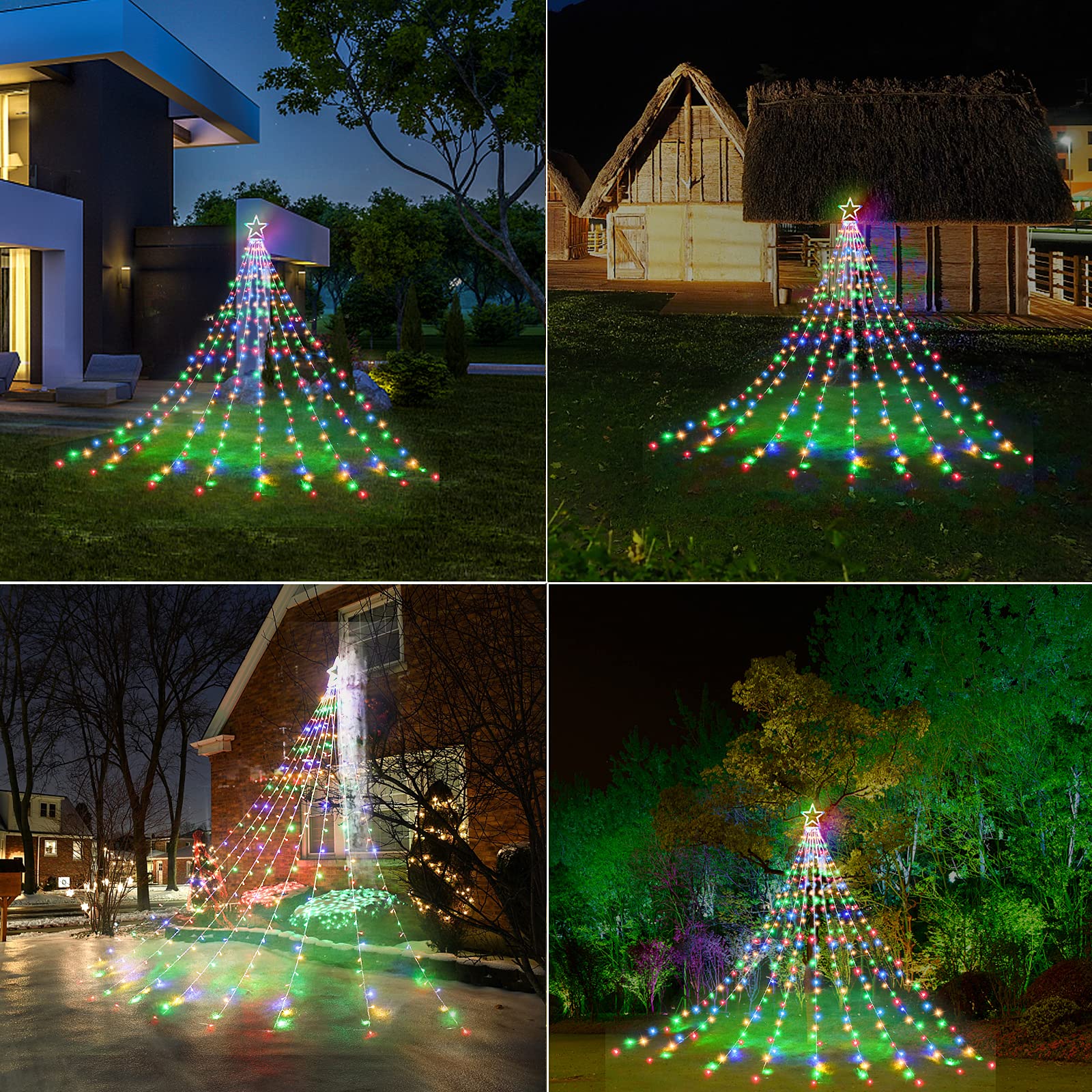 Decute outdoor holiday light scene creates magical nighttime ambiance