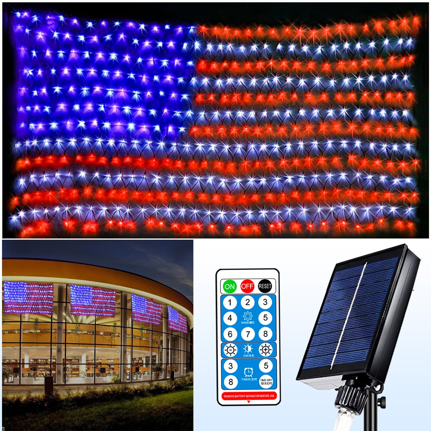 Decute solar American flag net light with 420 LEDs for outdoor celebrations.