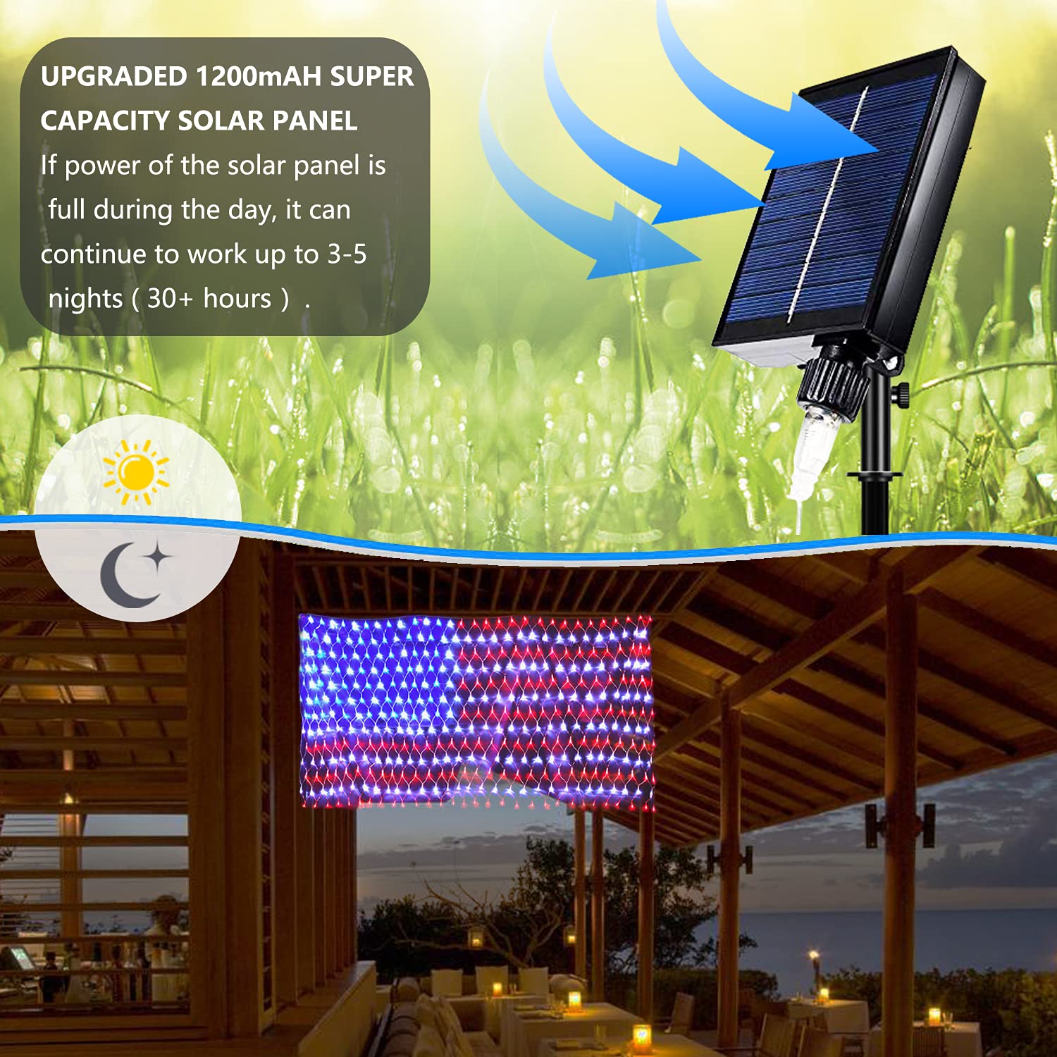 Decute US flag net light hangs at 6.6ft by 3.3ft for yard decor.