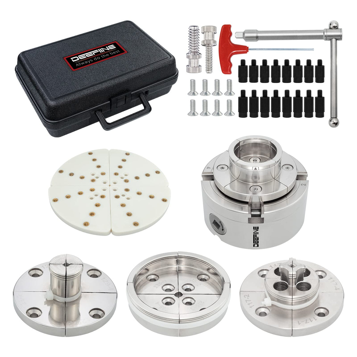 DEEFIINE 4-inch wood lathe chuck set ready for stable, precise turning