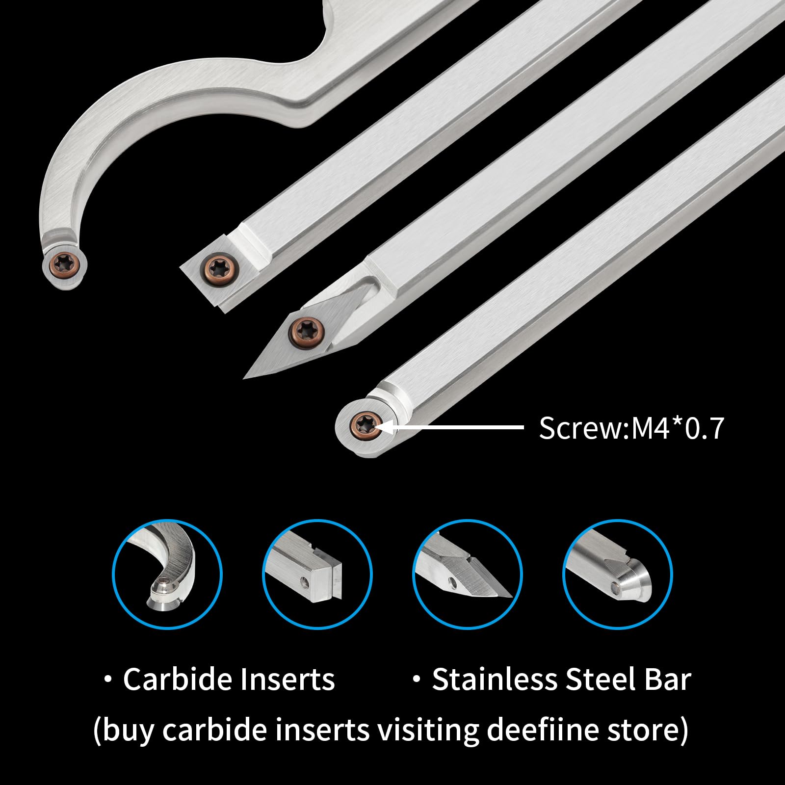 DEEFIINE carbide tip wood lathe tool kit set with interchangeable inserts for precise cuts