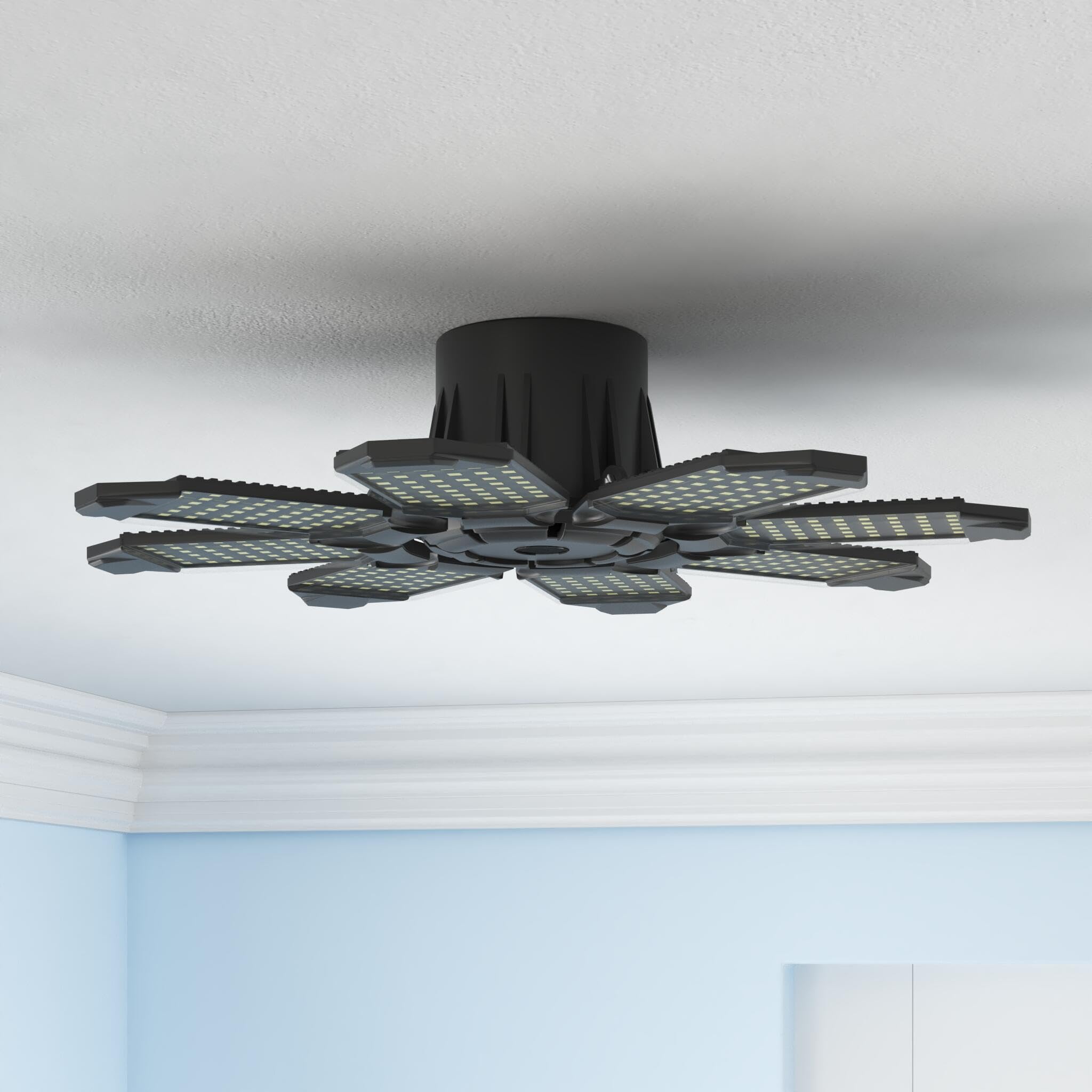DEEIRAO LED garage light with adjustable panels reaching 90 degrees for targeted lighting