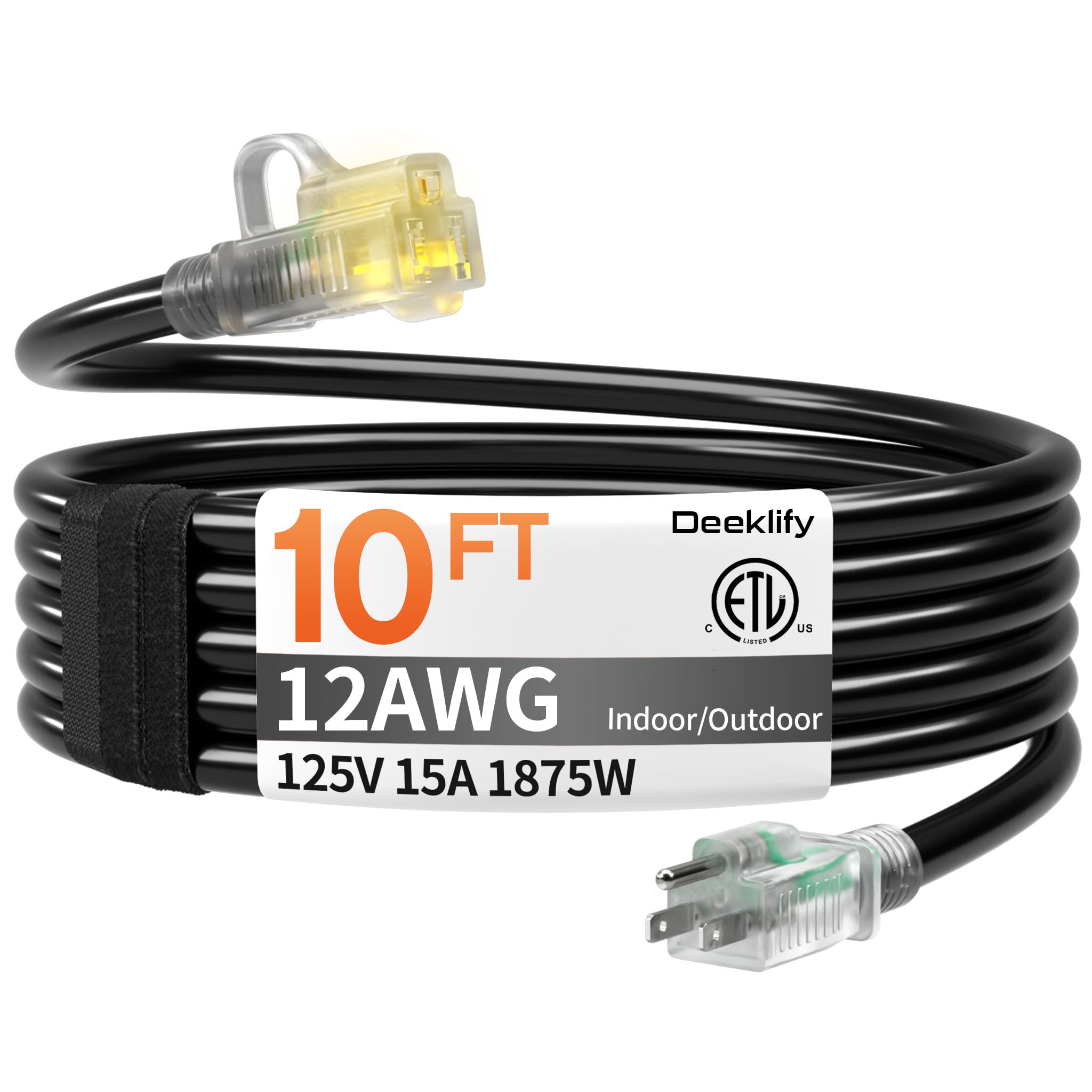Deeklify 12awg 10ft outdoor extension cord shows rugged build for outdoor power access