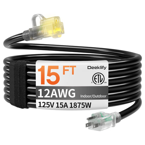 Deeklify 12AWG 15ft outdoor extension cord with lighted end for easy status checks during outdoor work.