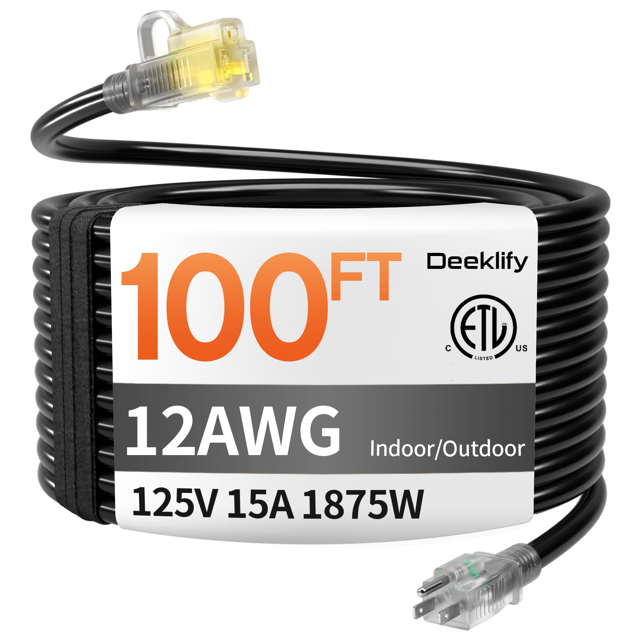 Deeklify 12 gauge 100 ft extension cord for tools and lighting.