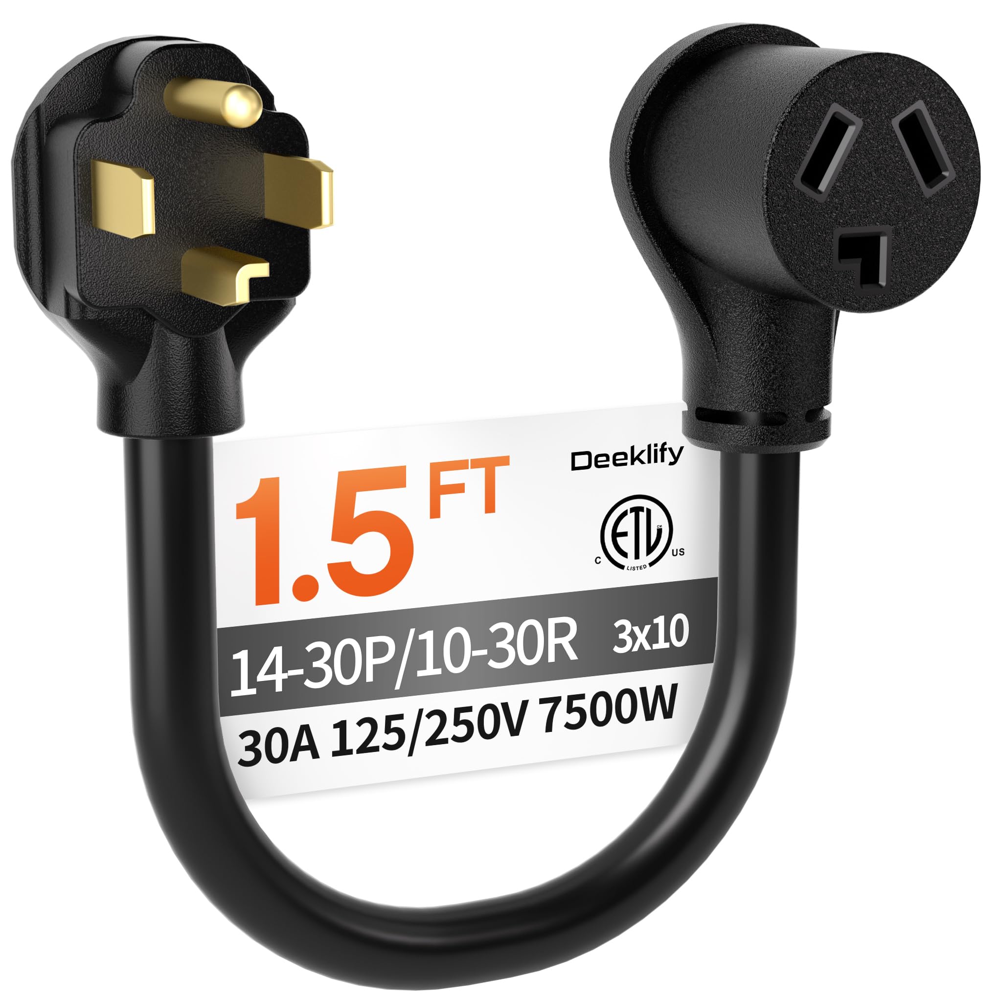 Deeklify dryer adapter side view shows compact 1.5 ft length for tight spaces.