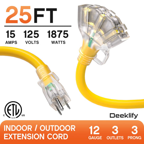 Deeklify outdoor waterproof extension cord with three outlets for wet conditions