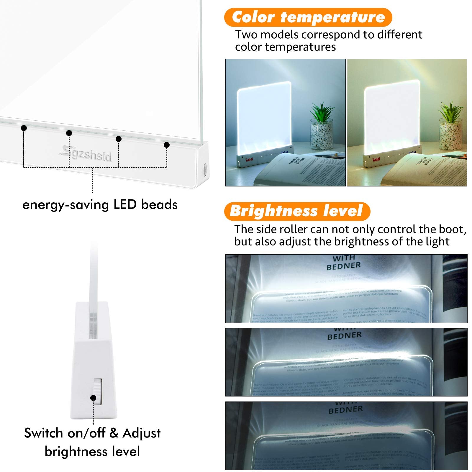 Deelessgz Book Light transparent acrylic panel supports most books.