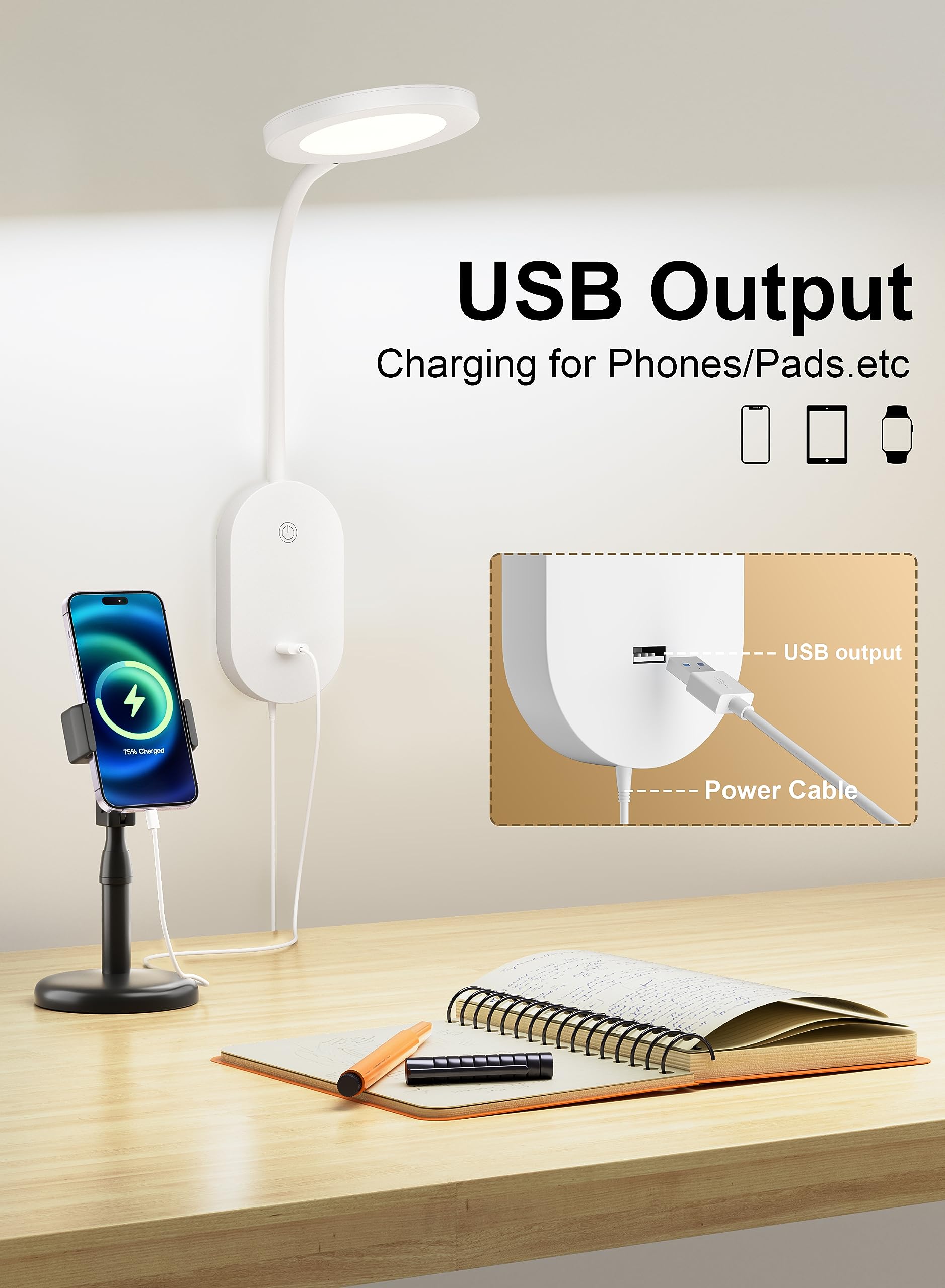 Deeloop wall-mounted reading light with USB output for convenient bedside charging.