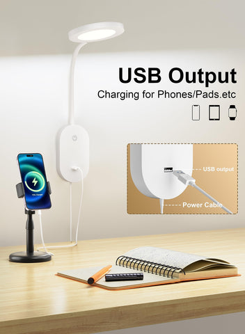 Deeloop wall-mounted reading light with USB output for convenient bedside charging.