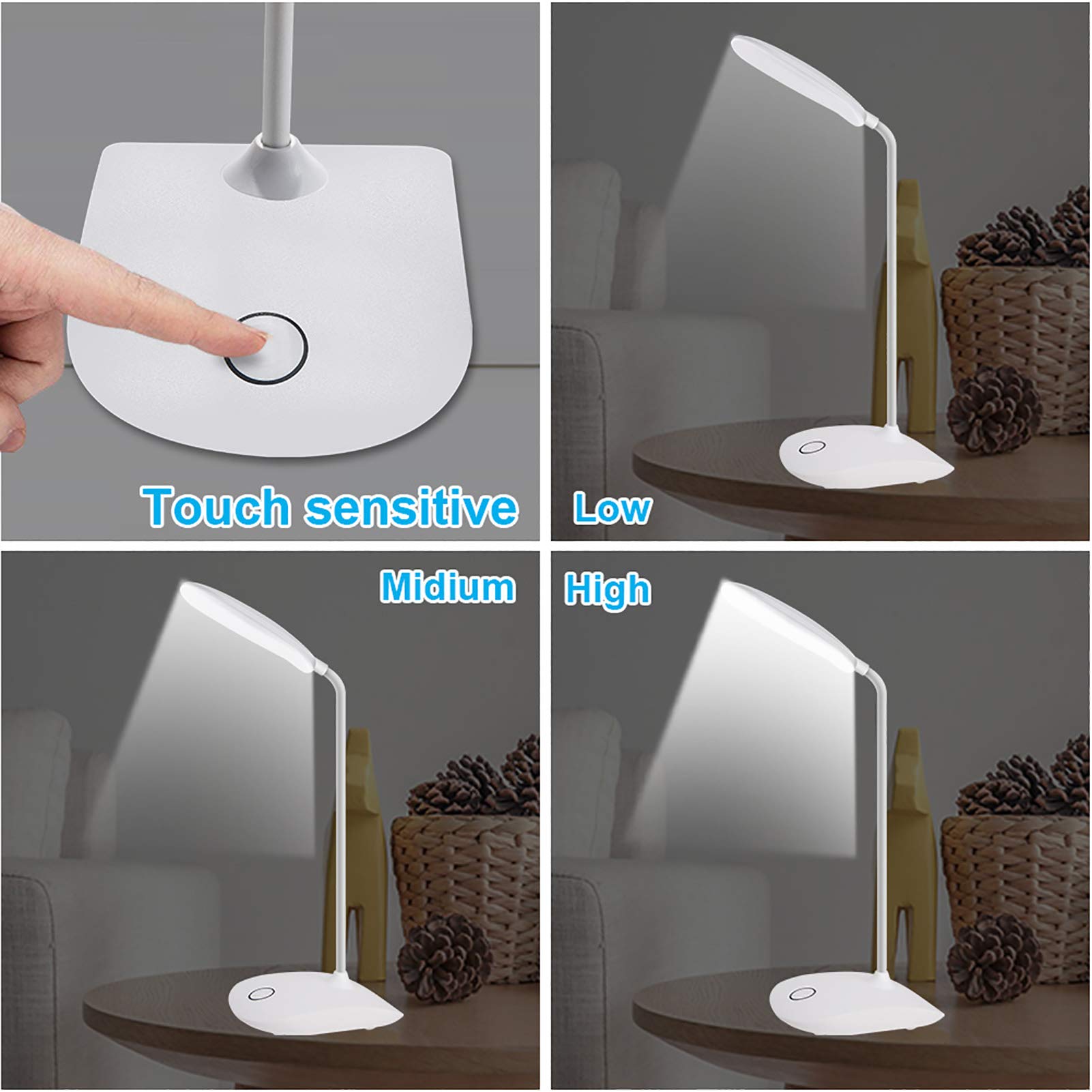 DEEPLITE desk lamp touch-control with 3 levels for customizable brightness.