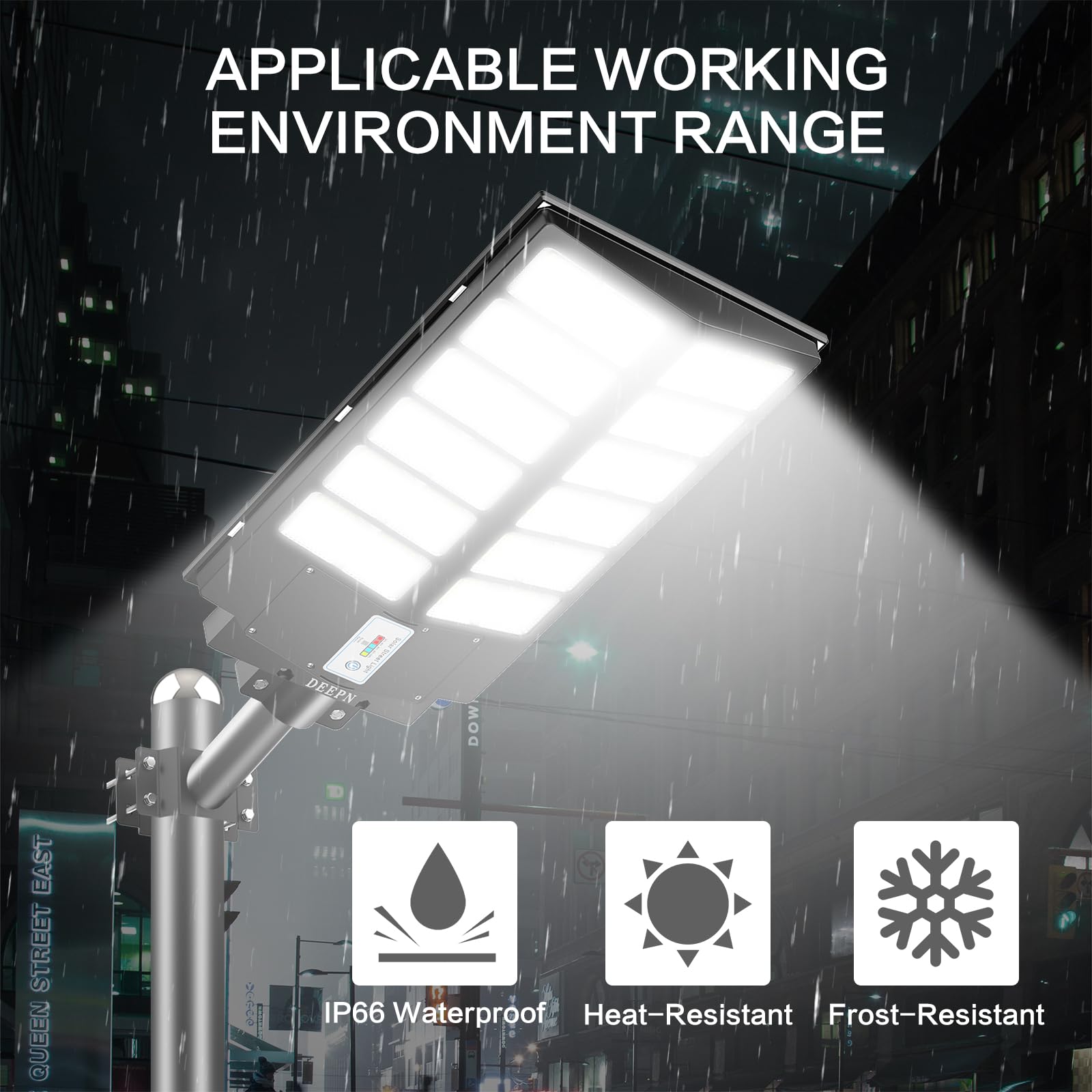 Deepn 8000W solar street light side view highlighting sturdy mounting