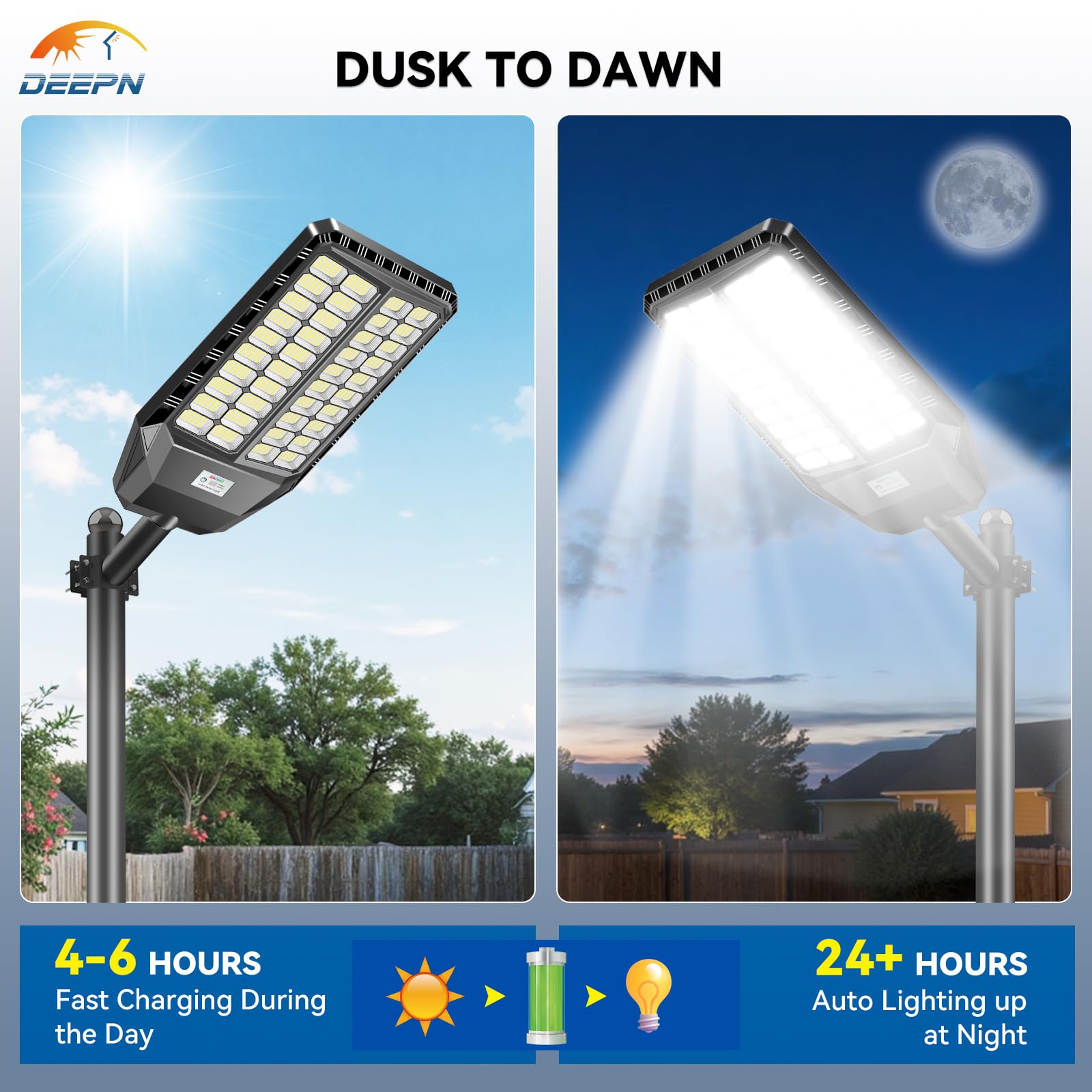 Deepn 9000W solar street light dusk-to-dawn mode in use.