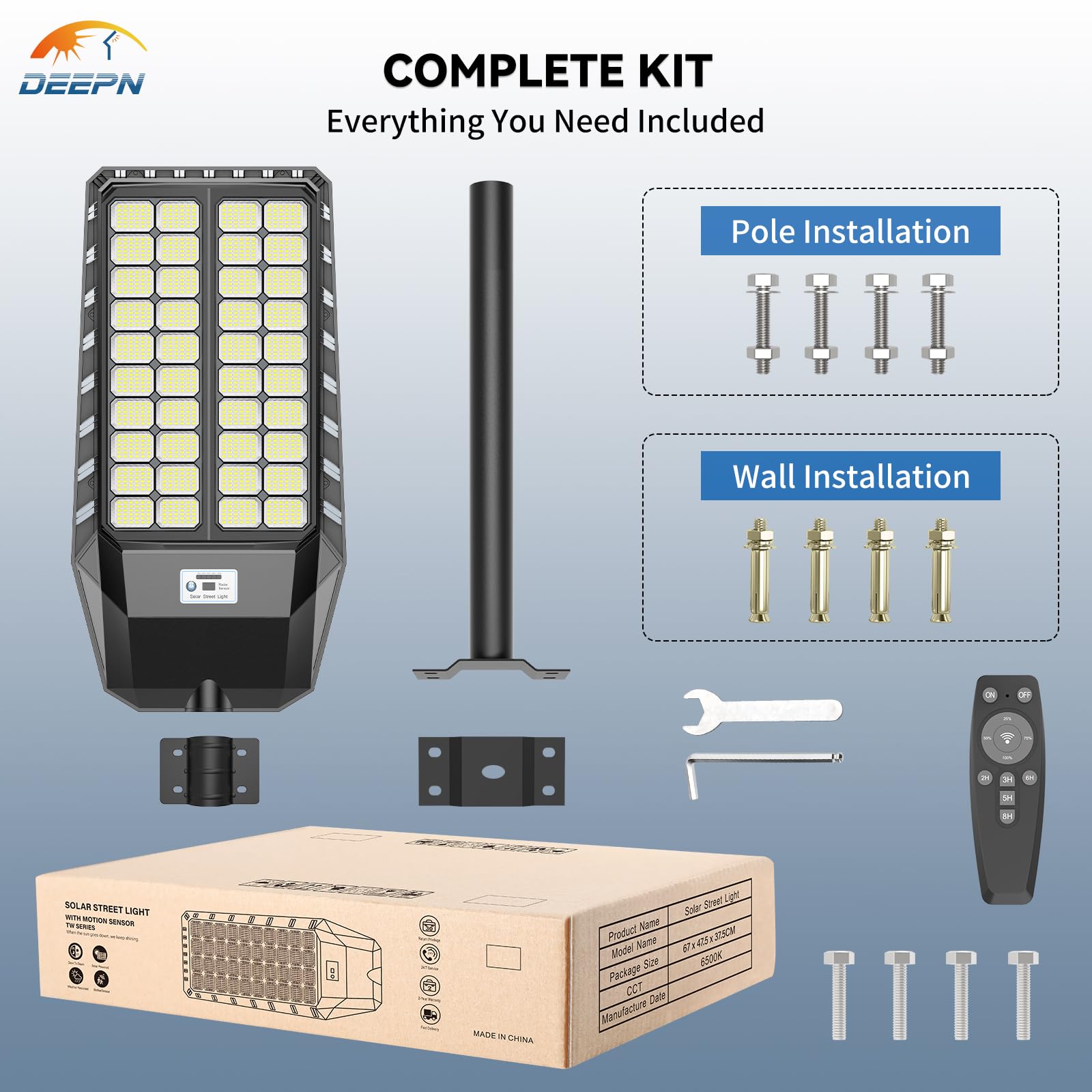 Deepn 9000W solar street light packaging with accessories.