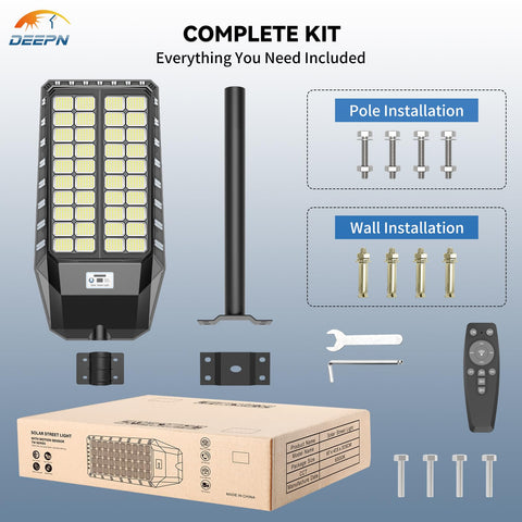 Deepn 9000W solar street light packaging with accessories.