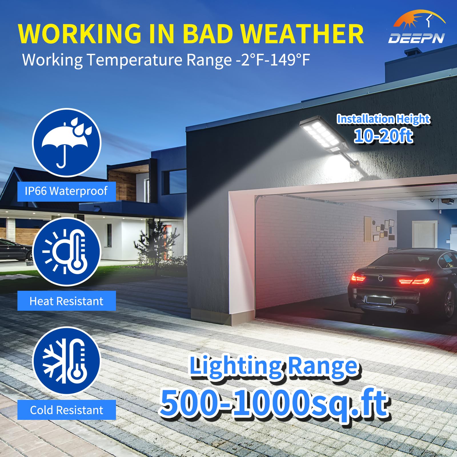 Deepn solar lights for garage area delivering wide-area illumination.