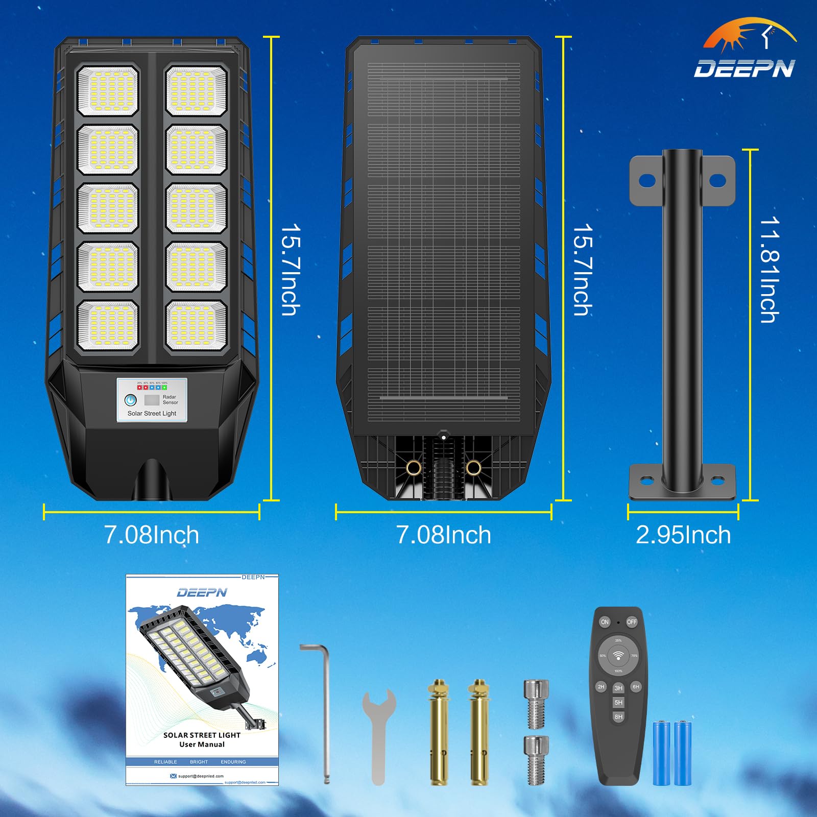 Deepn solar lights remote control operation up to twenty feet.