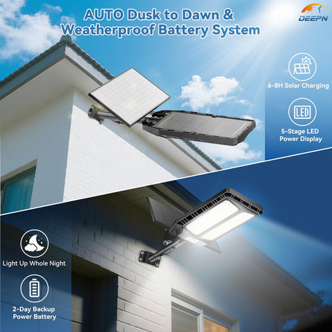 Deepn solar lights outdoor remote control enables scheduling and brightness adjustments.