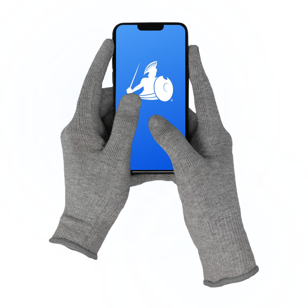 DefenderShield EMF protection gloves on hand during device use