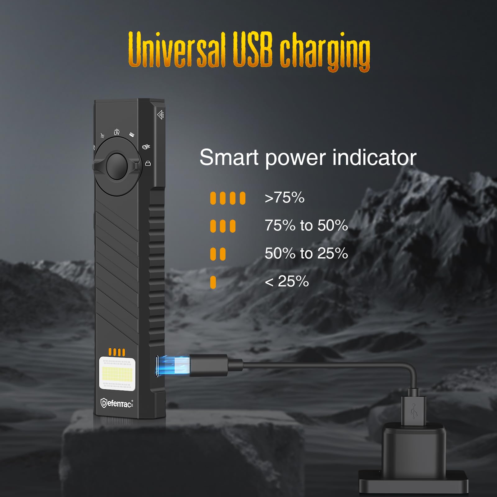 DEFENTAC rechargeable pocket light with USB-C charging.