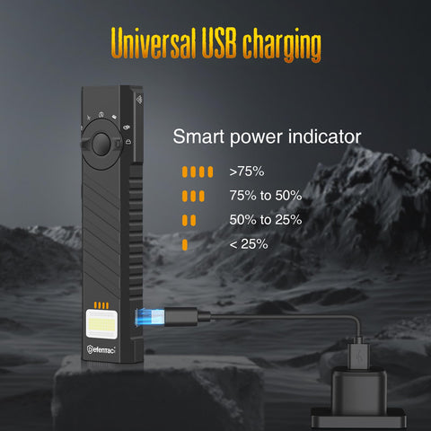 DEFENTAC rechargeable pocket light with USB-C charging.