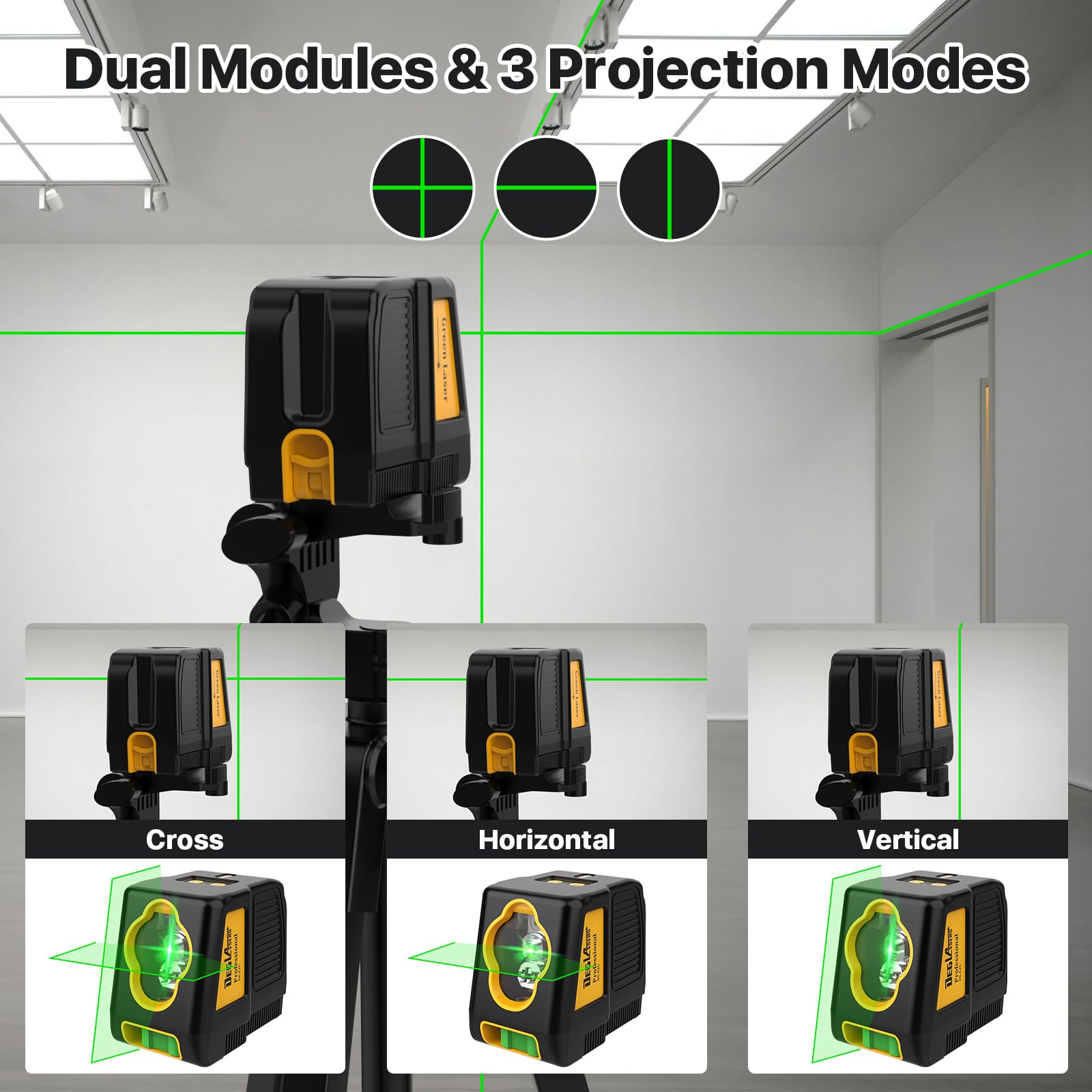 DEGLASERS 100ft green cross lines aid layout and leveling precision.