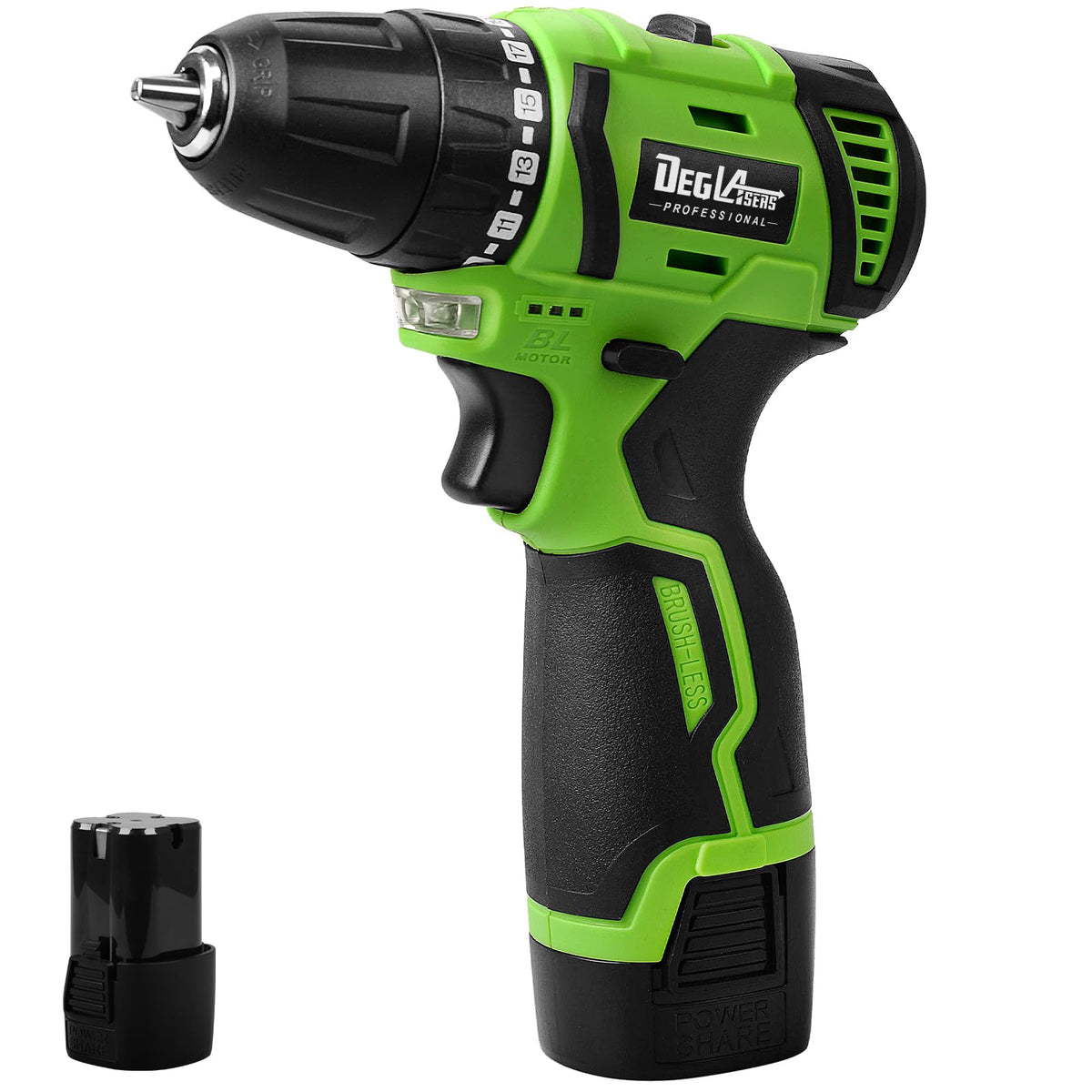 DegLasers 16.8V cordless drill with battery and charger ready for use.