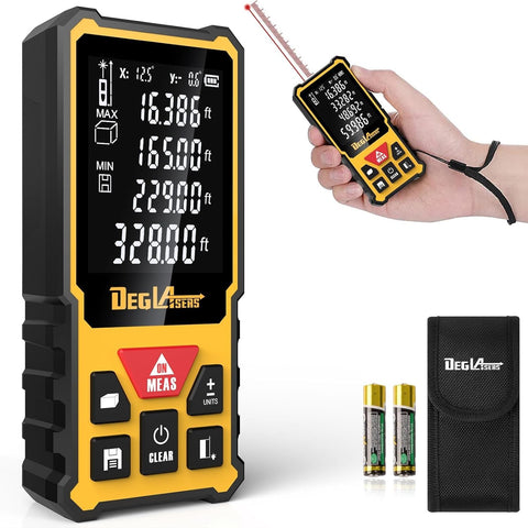 DEGLASERS 328ft laser measure with display shows precise readings up to 328 feet