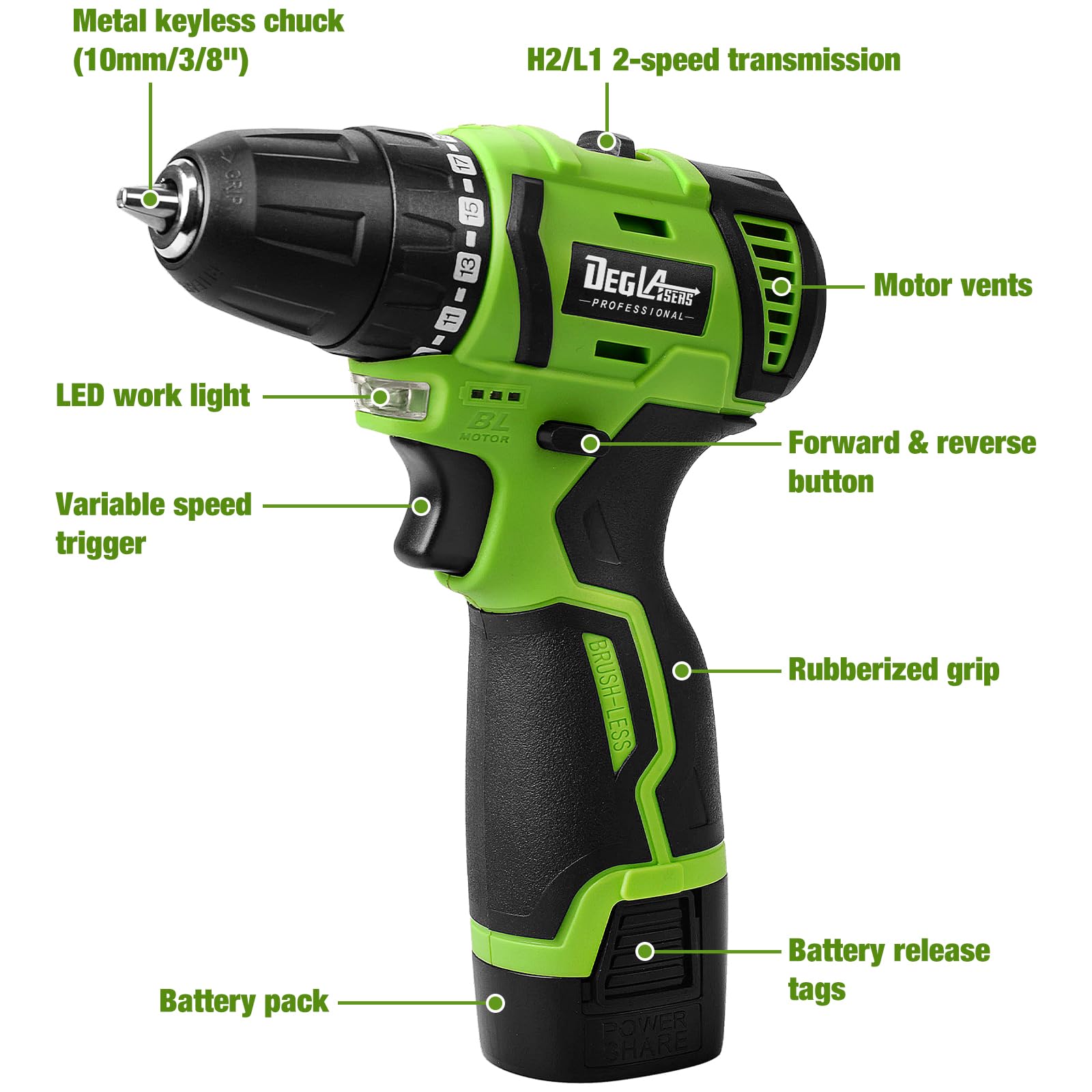 DegLasers drill featuring a 3/8 inch keyless chuck for quick bit changes.