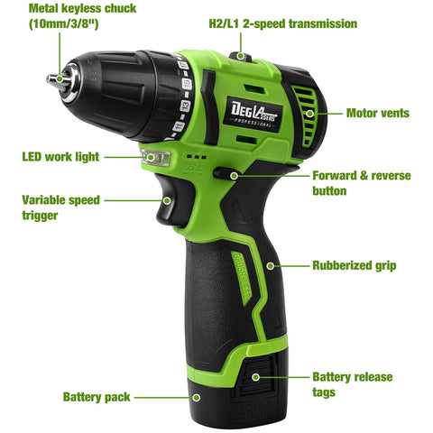 DegLasers drill featuring a 3/8 inch keyless chuck for quick bit changes.