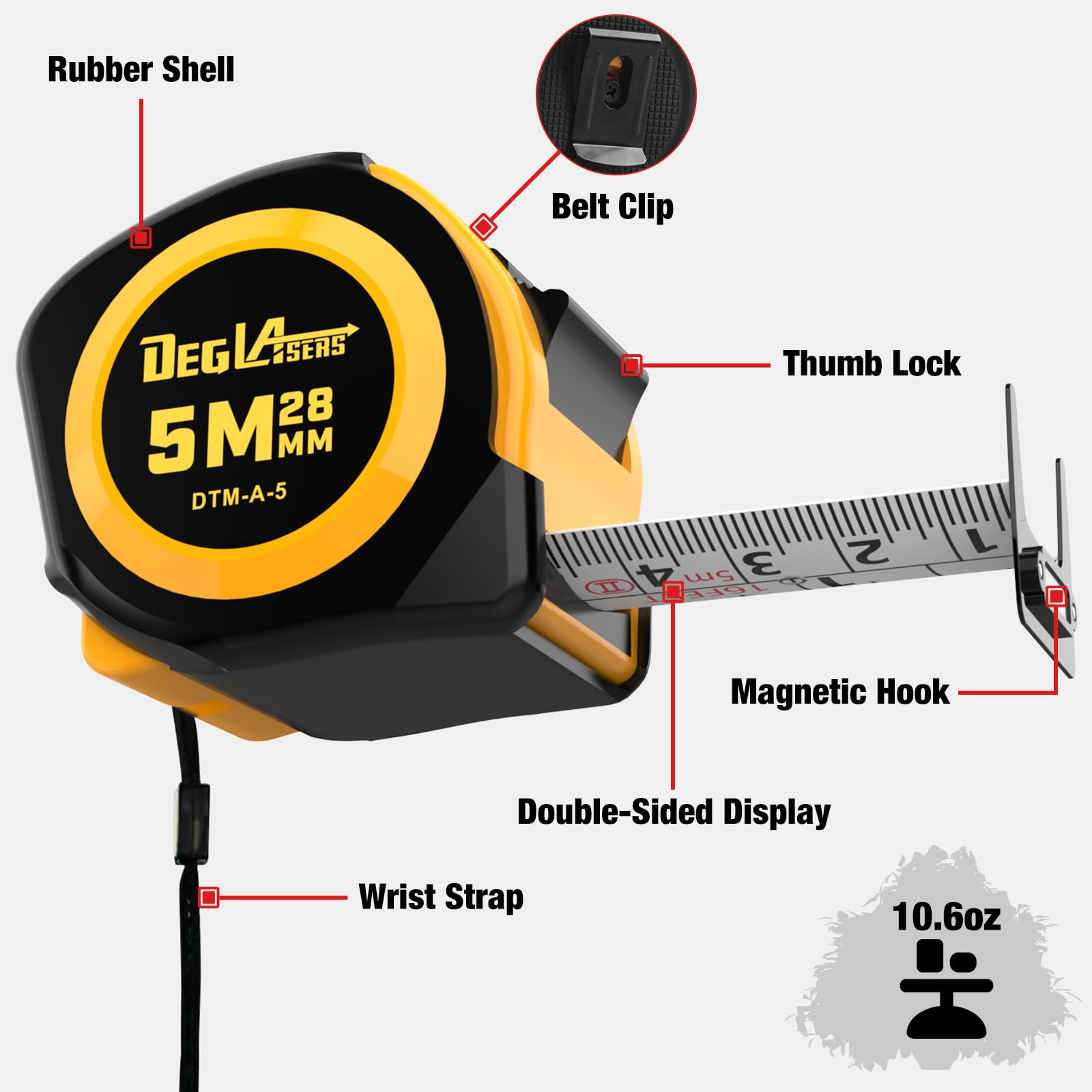 DegLasers double-sided tape measure with clear markings for easy reading from either side