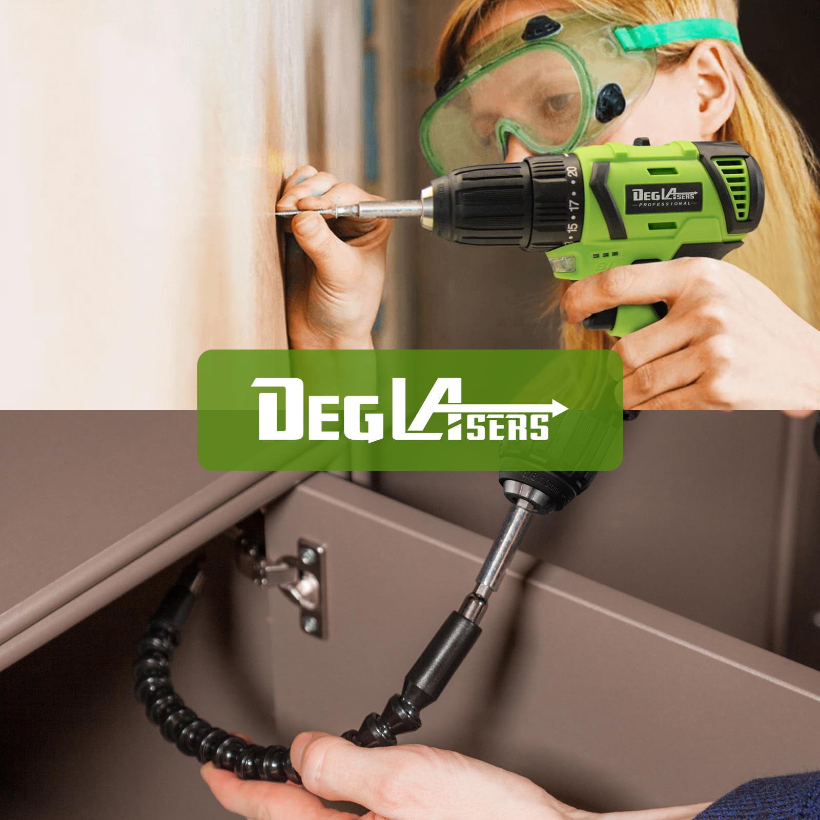 DegLasers package includes drill, 1.5 Ah battery, fast charger, and manual.