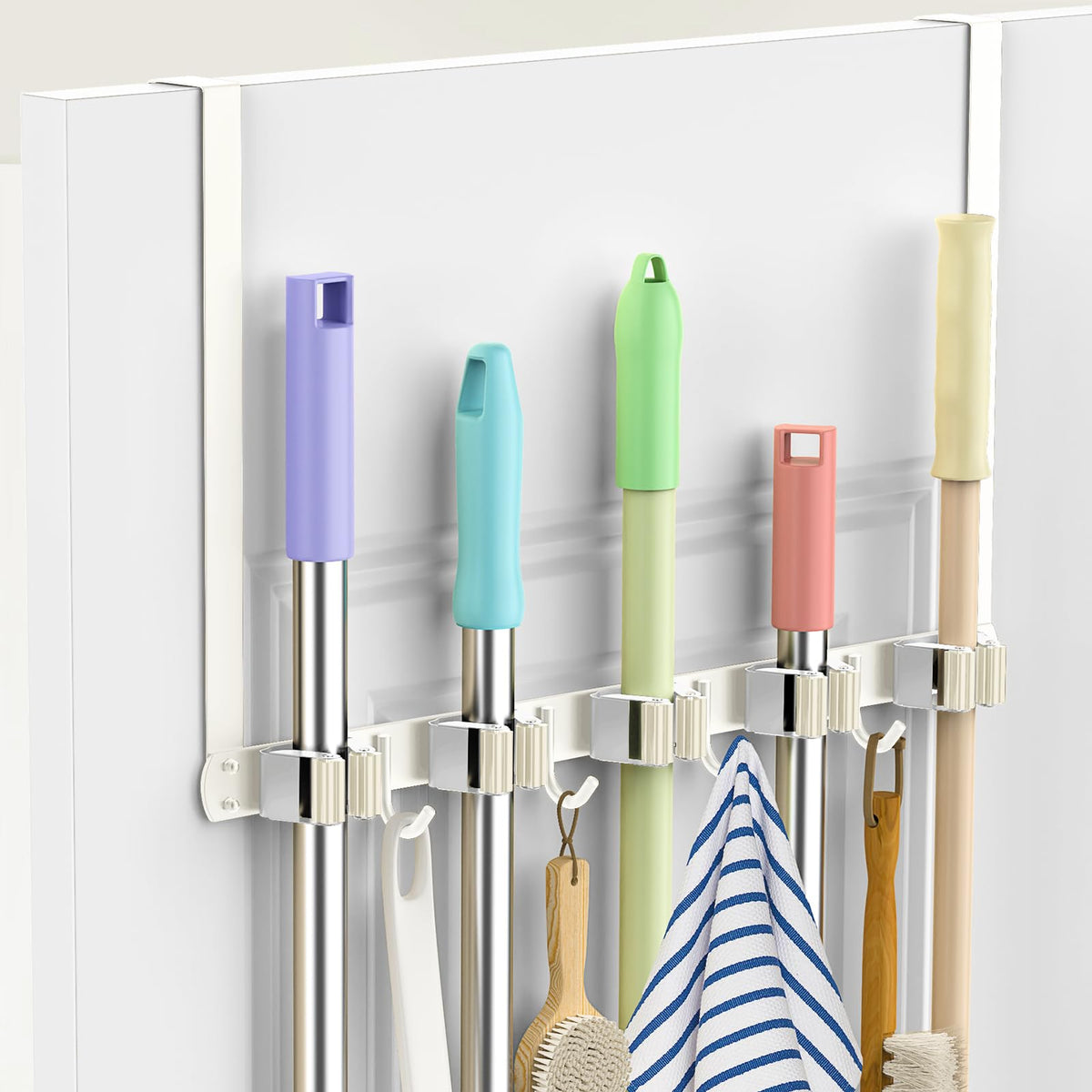 DegMongee broom holder over door keeps spaces tidy without drilling