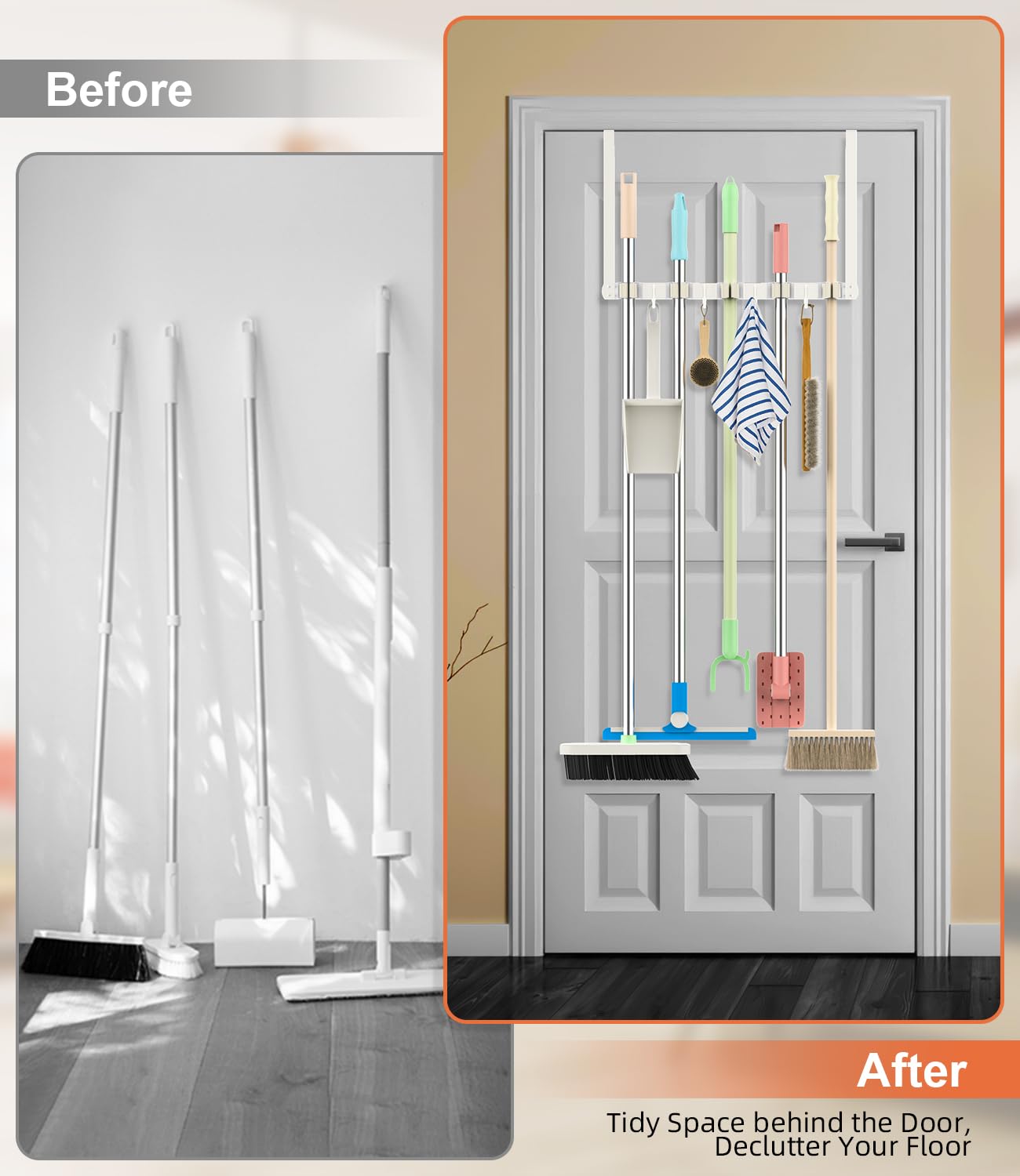 Two over-door hooks hold brooms and mops for quick access