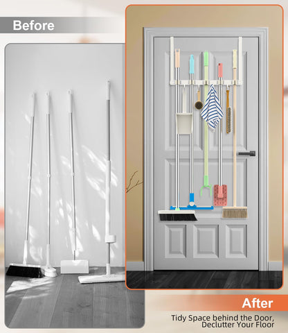 Two over-door hooks hold brooms and mops for quick access