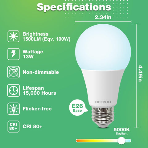 DEGNJU A19 LED bulbs installed in a lamp showing daylight 5000K brightness