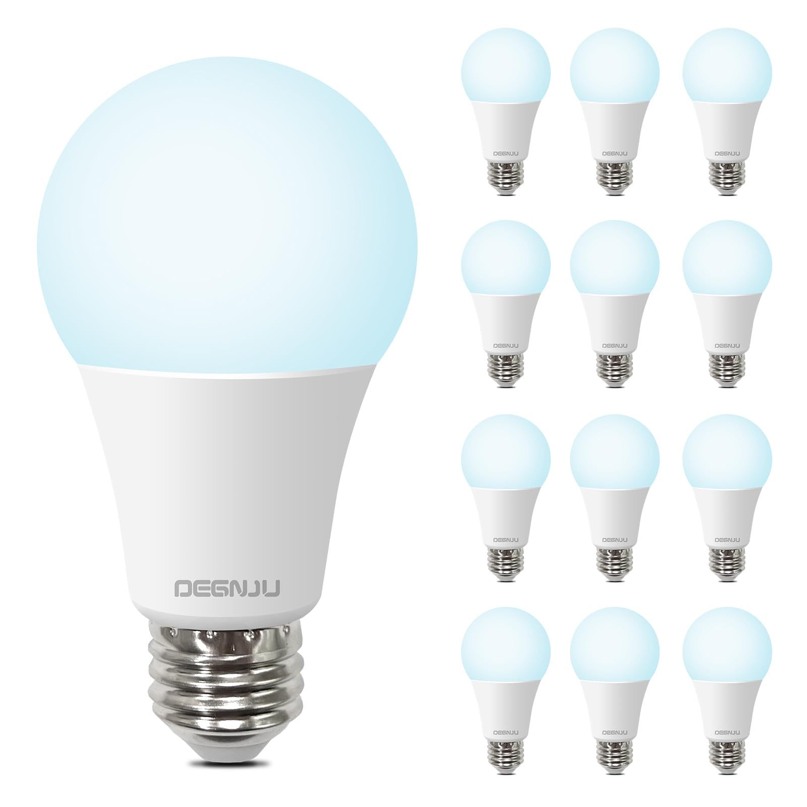 DEGNJU A19 LED bulbs 12-pack packaging for easy home lighting upgrade