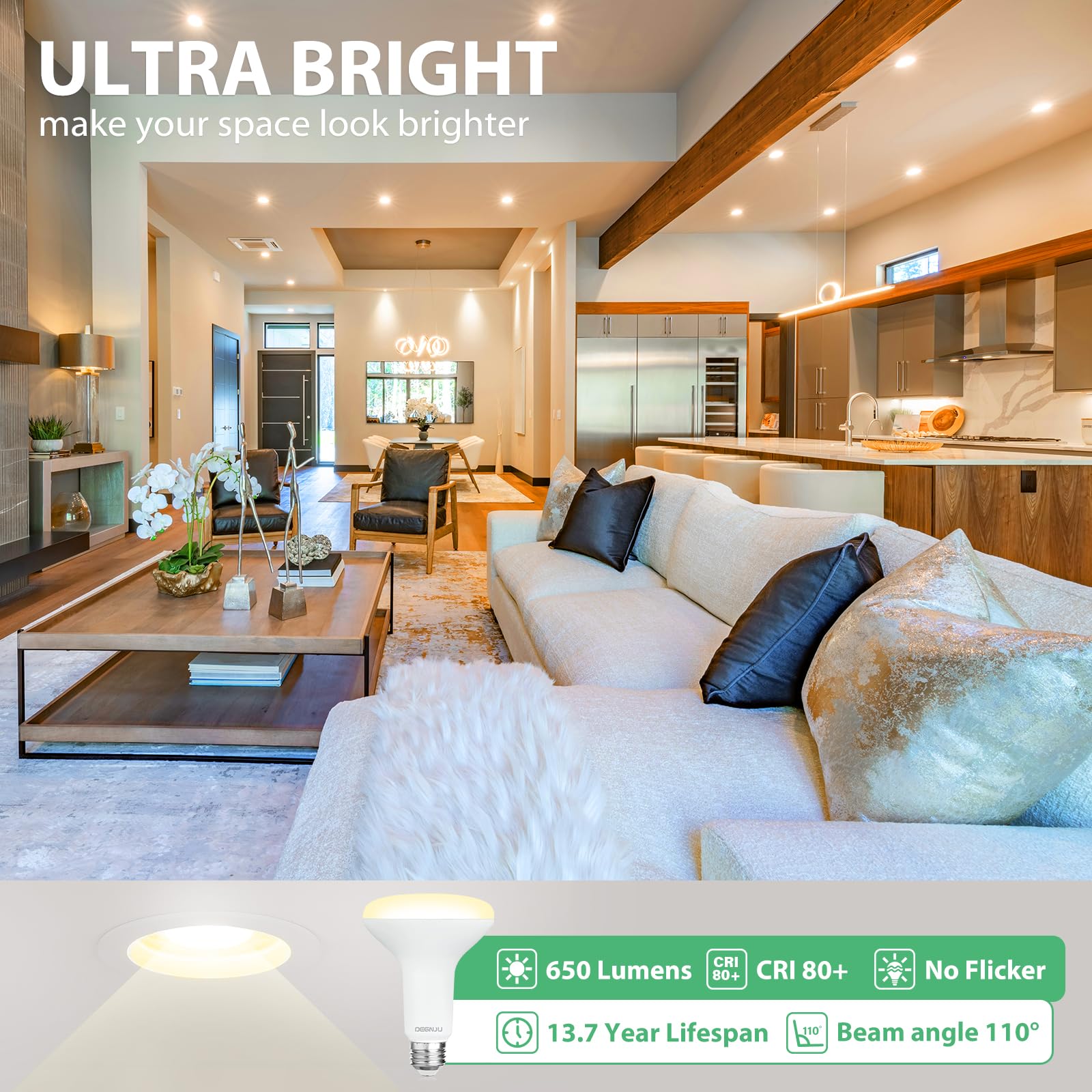 DEGNJU BR30 bulbs installed in recessed cans for clean, warm ambiance.