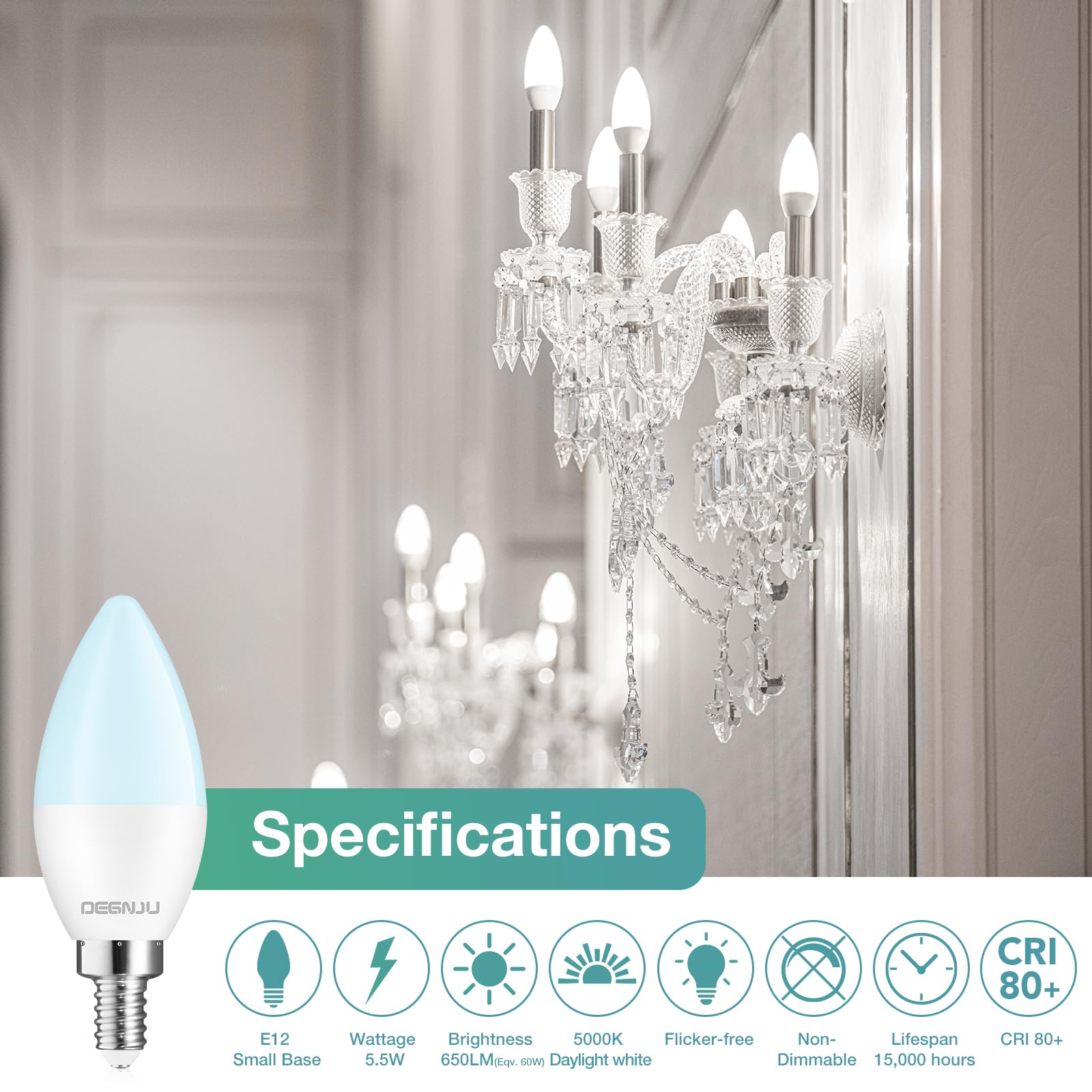 DEGNJU E12 LED bulb with slim design for elegant chandeliers.