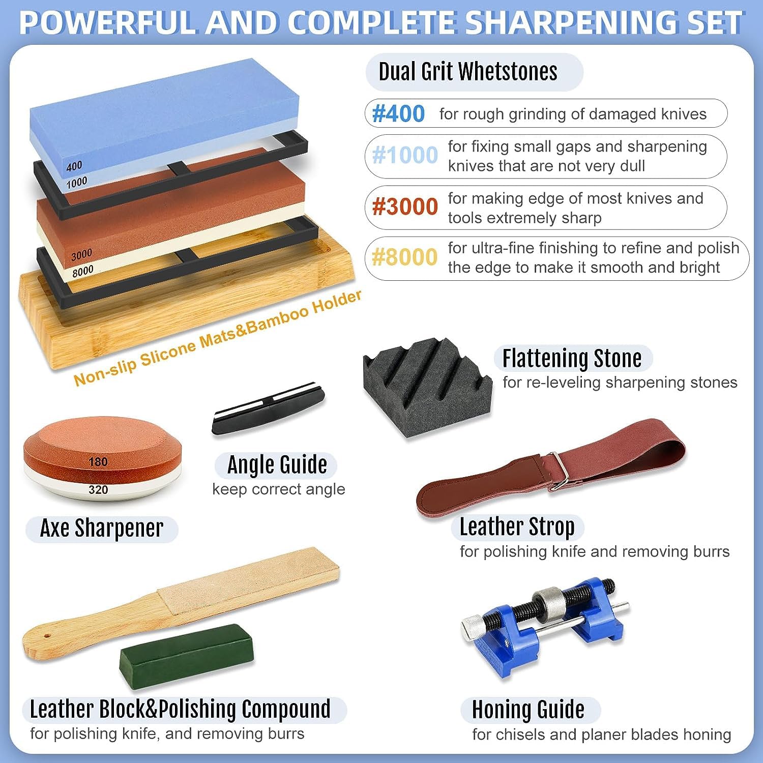 DEHVIHS whetstone kit dual grit 3000/8000 stones for sharper edges and fine honing