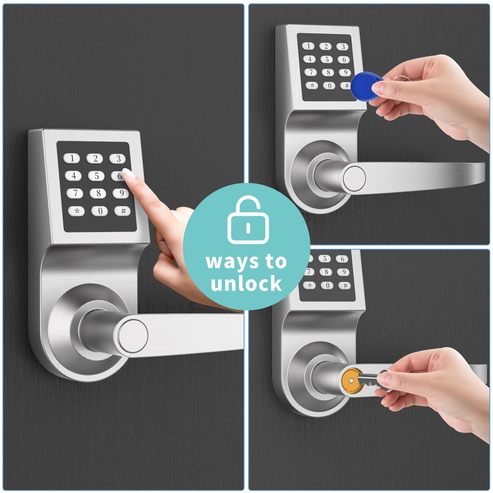 DeJAVU Lighting smart lock showing password, card, and key unlock options.
