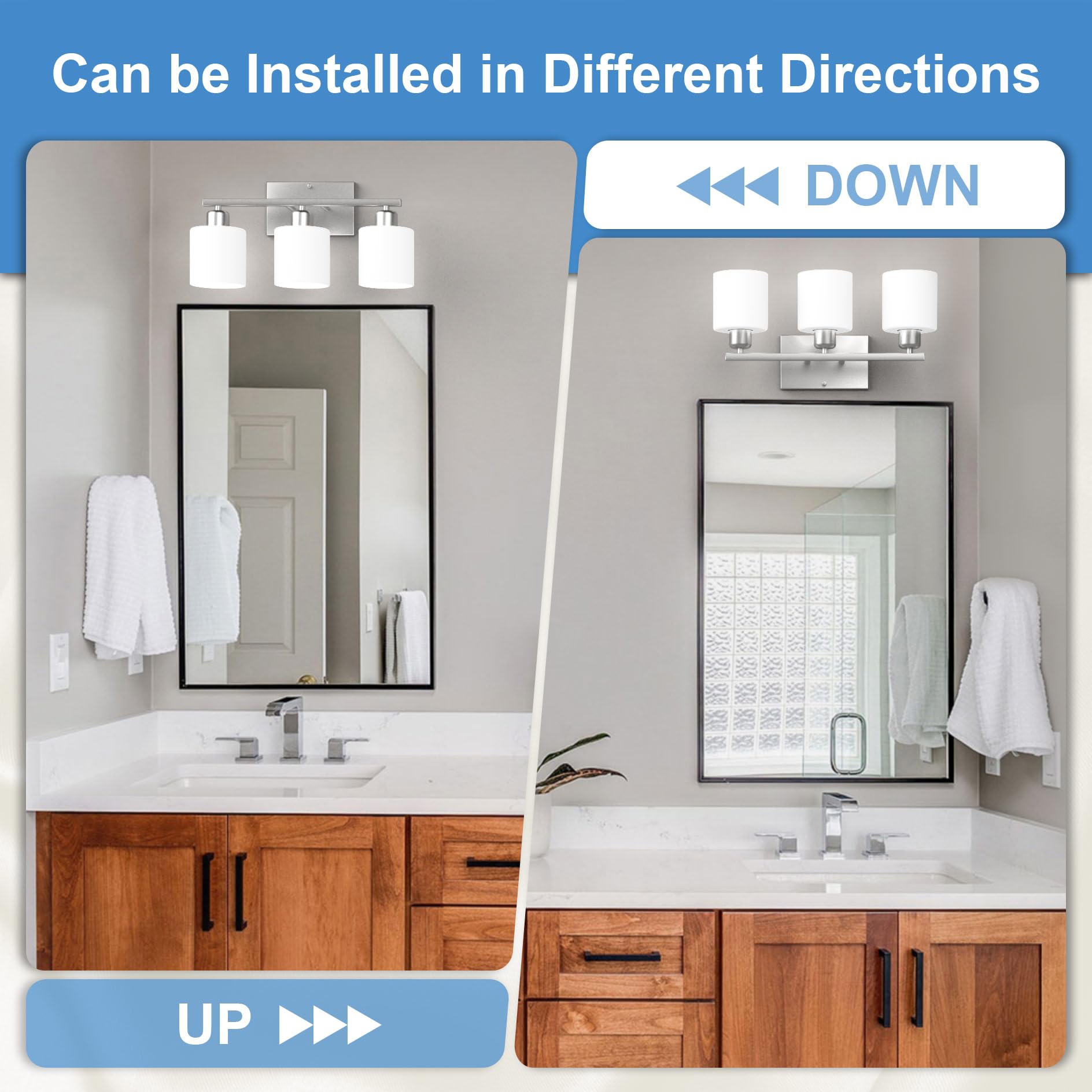 Dekang 3-light vanity light installed above mirror offering balanced illumination.