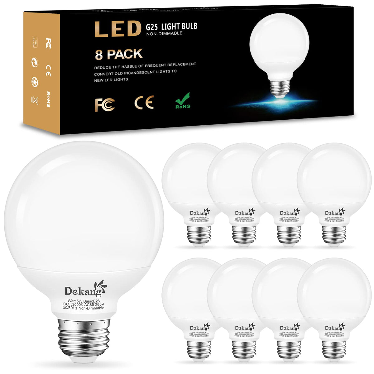Dekang bathroom globe bulb, 3000K soft white, balanced vanity lighting.