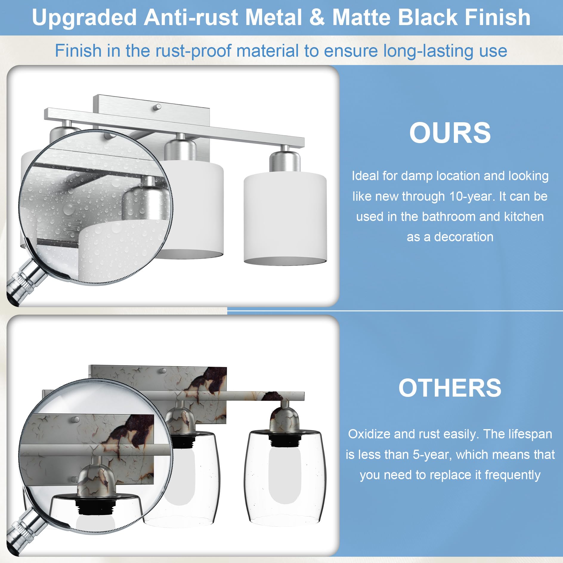 Dekang brushed nickel finish detail highlights rustproof durability for wet bathroom spaces.