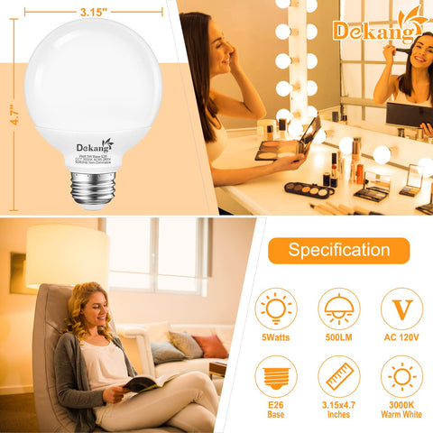 Dekang G25 LED globe bulb with E26 base provides 60W-equivalent brightness at 5W.