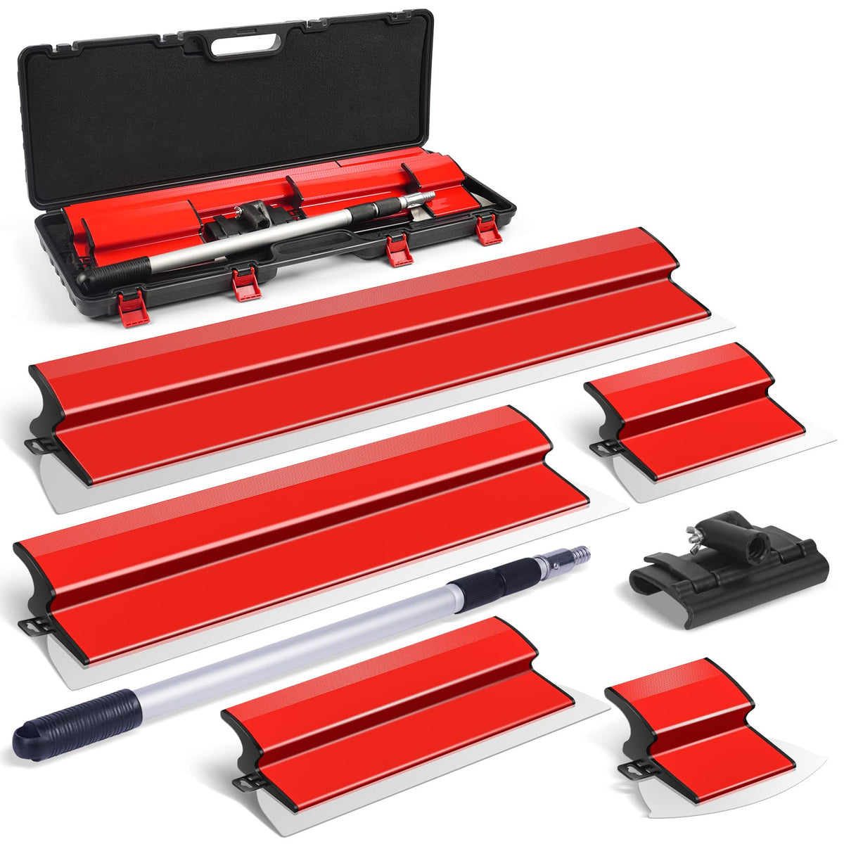 DEKEones drywall skimming blade set shown in case for efficient wall finishing.